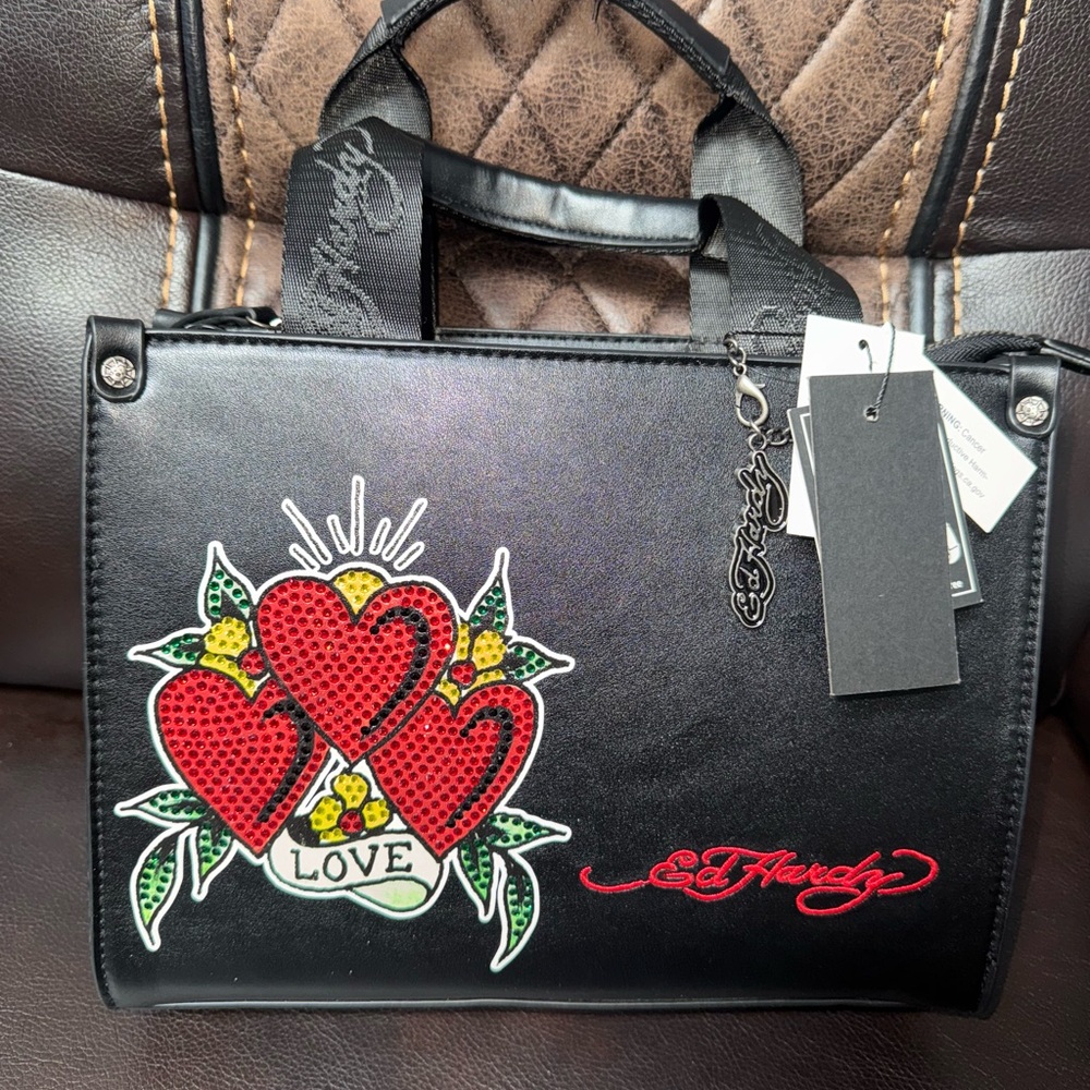 New Ed Hardy Black Square Tote Crossbody Handbag Rhinestone Red Heart Love Skull